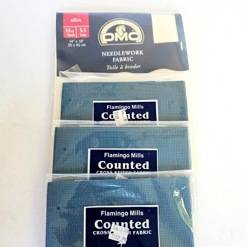 DMC Flamingo Mills Aida Needlework Fabric 14 Count Ecru Blue Cross Stitch Lot 4